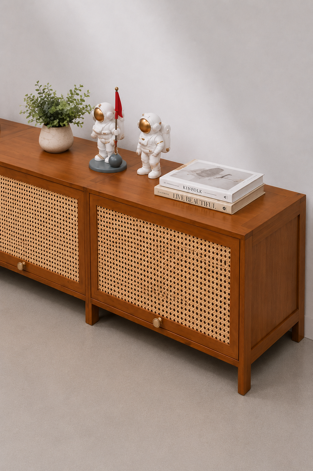 Meuble TV Scandinave Bois de Chêne et Rotin