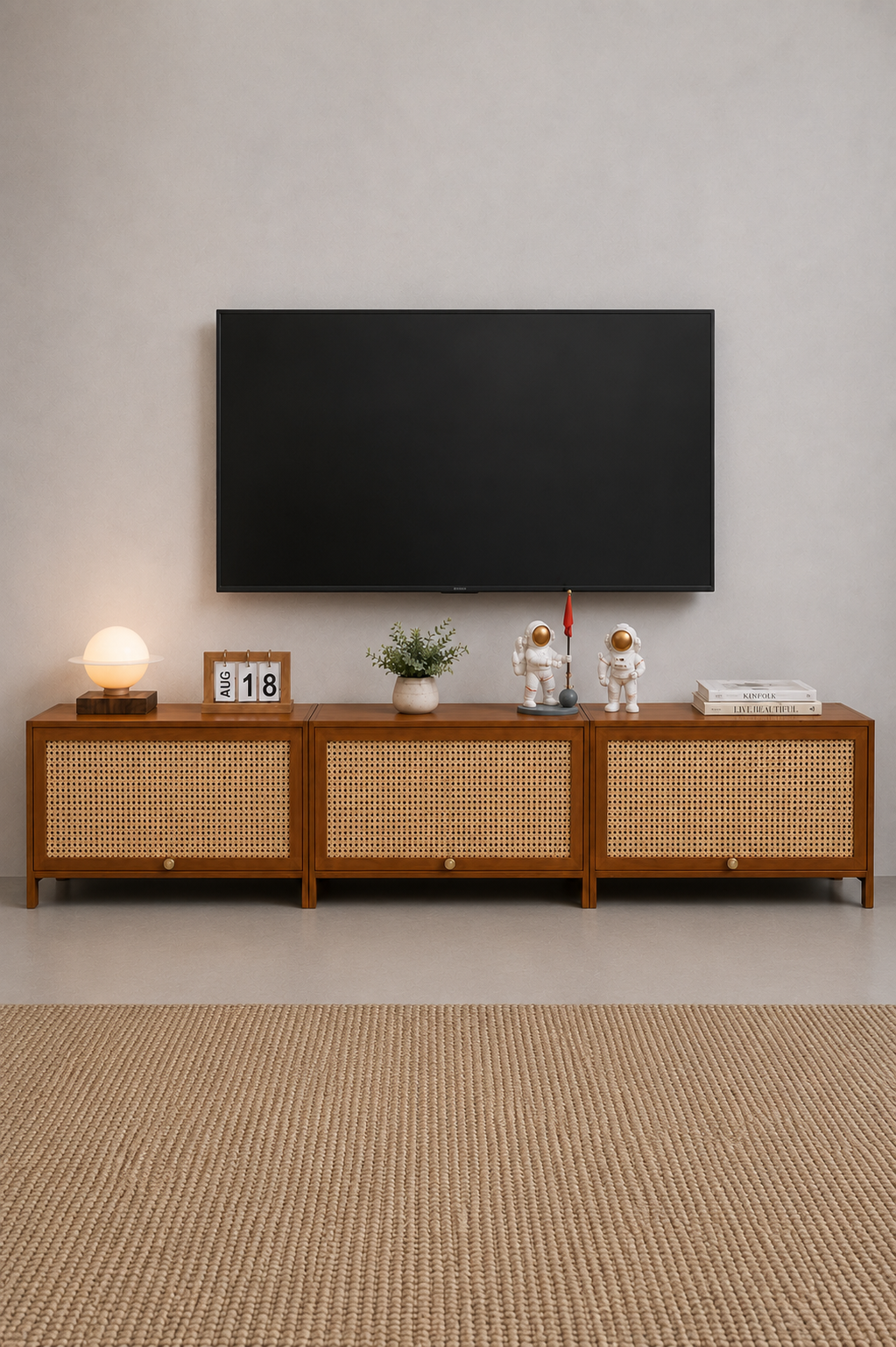 Meuble TV Scandinave Bois de Chêne et Rotin