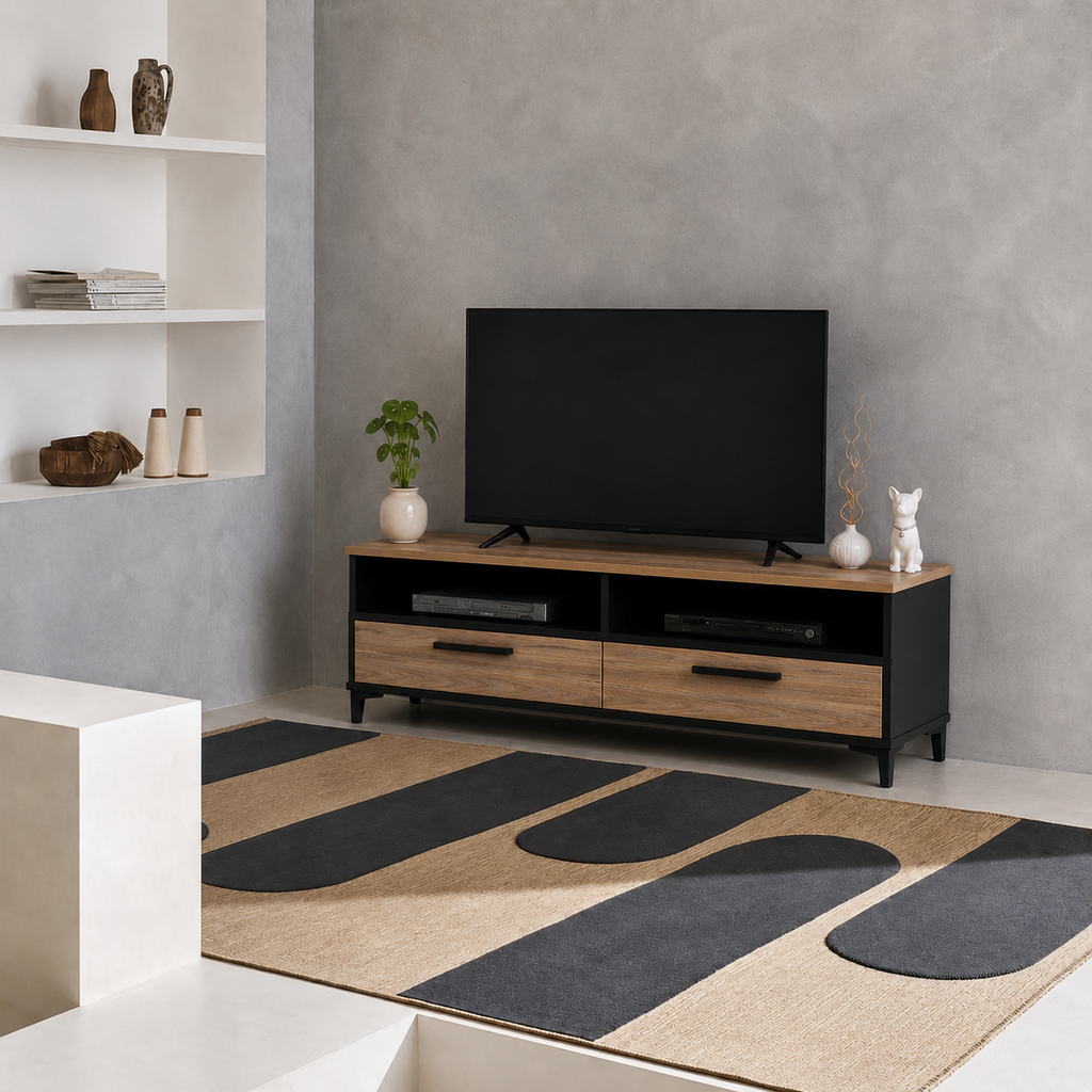 Meuble TV Industriel 120 cm Chêne & Acier Noir pour Salon