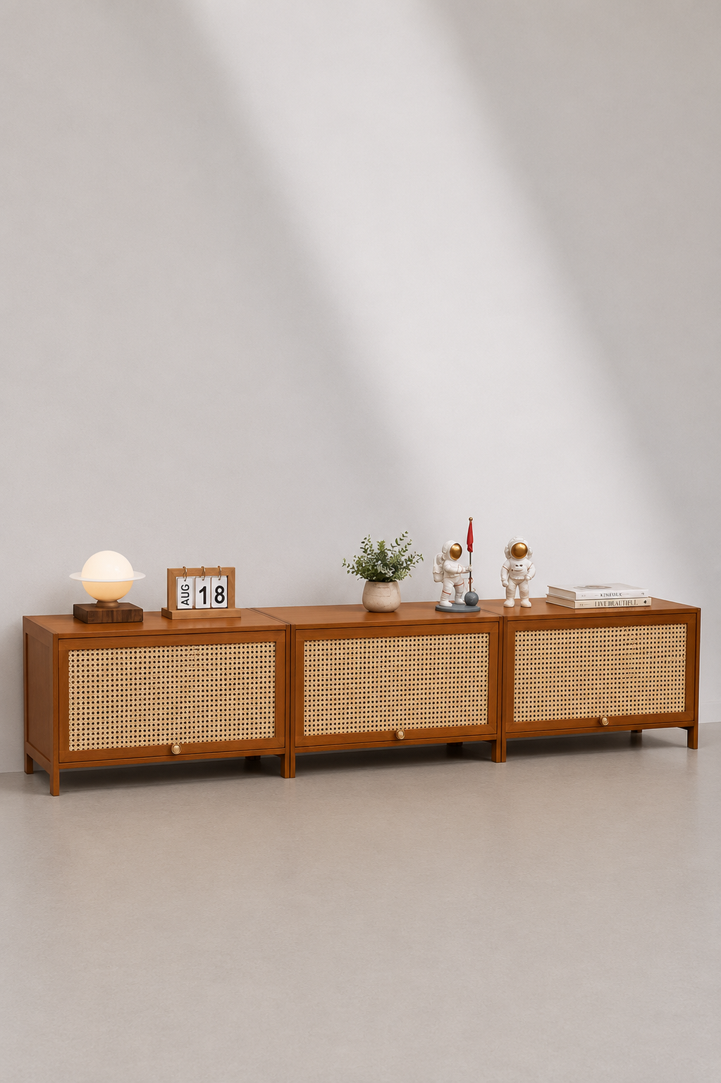 Meuble TV Scandinave Bois de Chêne et Rotin