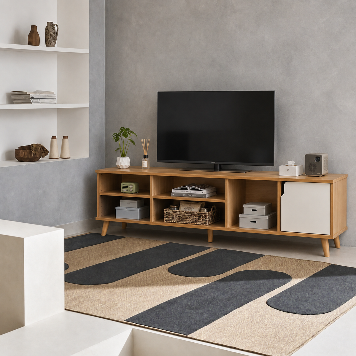 Meuble TV 2-en-1 Scandinave Bois clair pour Salon & Chambre