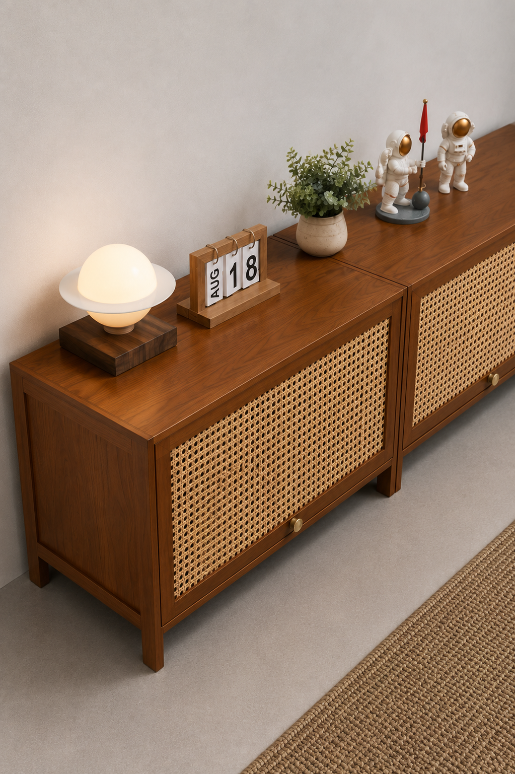 Meuble TV Scandinave Bois de Chêne et Rotin