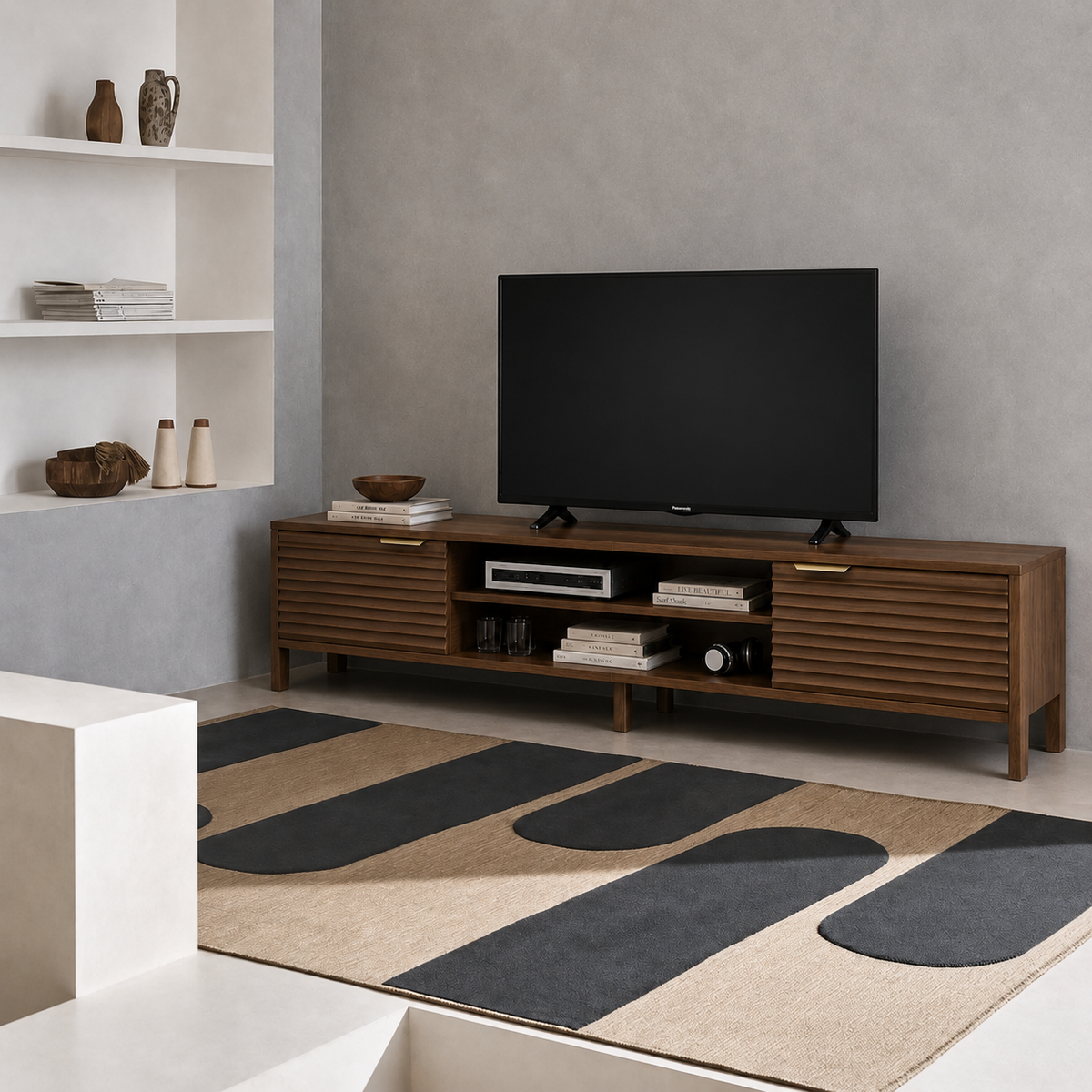 Meuble TV en Noyer au Style Japandi Moderne