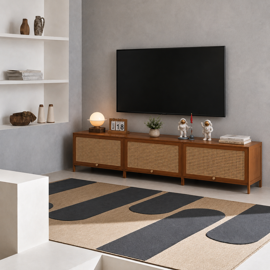 Meuble TV Scandinave Bois de Chêne et Rotin