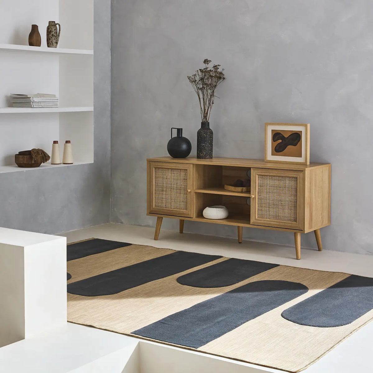 Meuble TV rotin scandinave cannage 2 portes 120 cm