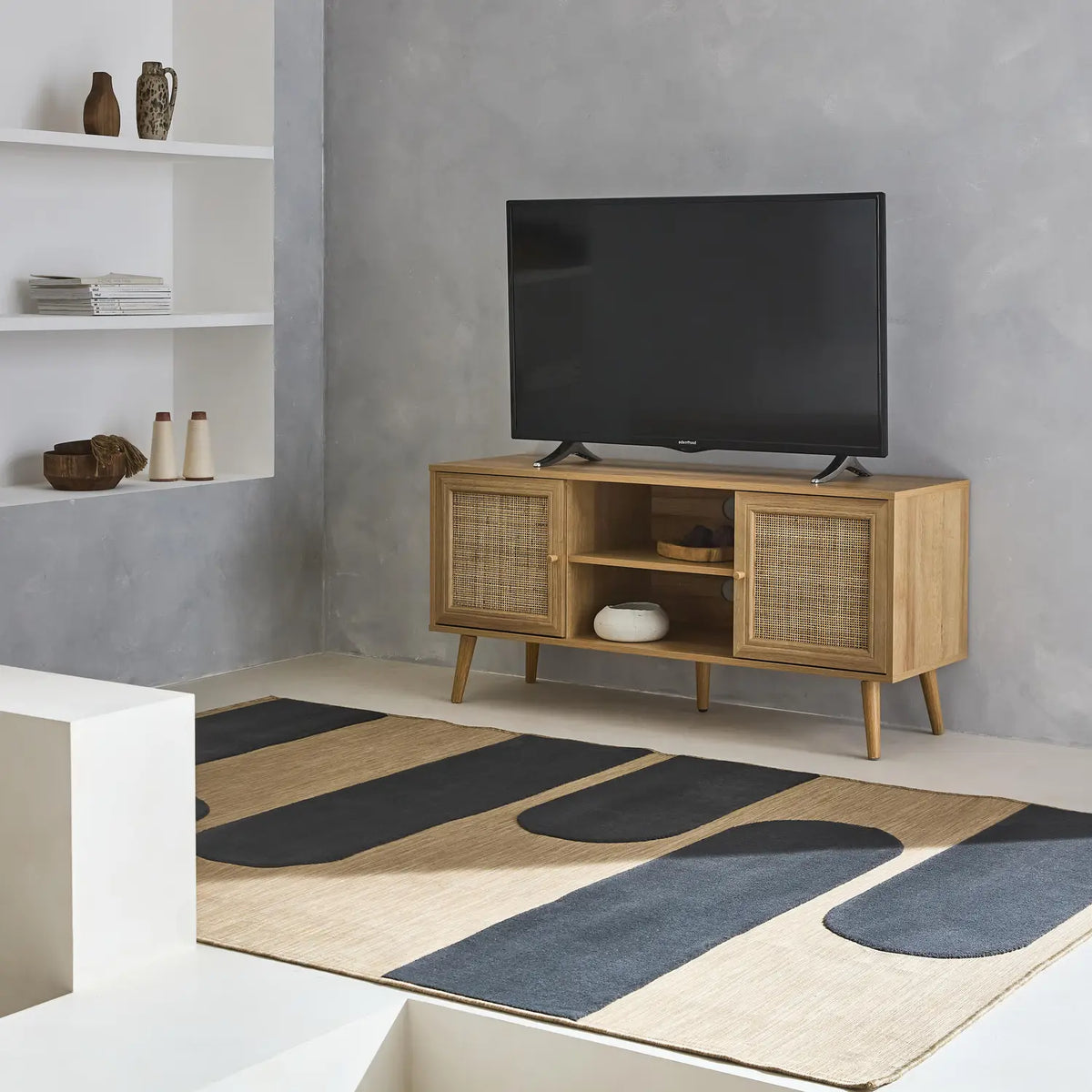 Meuble TV rotin scandinave cannage 2 portes 120 cm