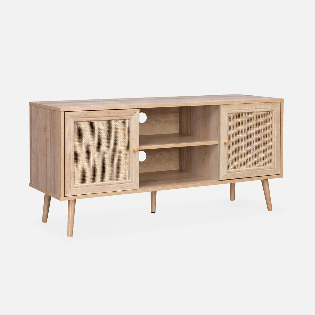 Meuble TV rotin scandinave cannage 2 portes 120 cm