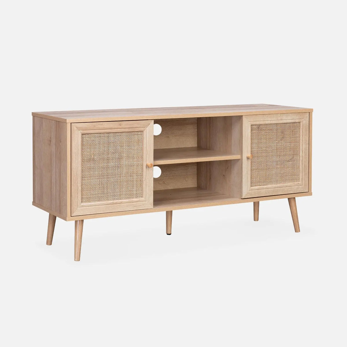 Meuble TV rotin scandinave cannage 2 portes 120 cm