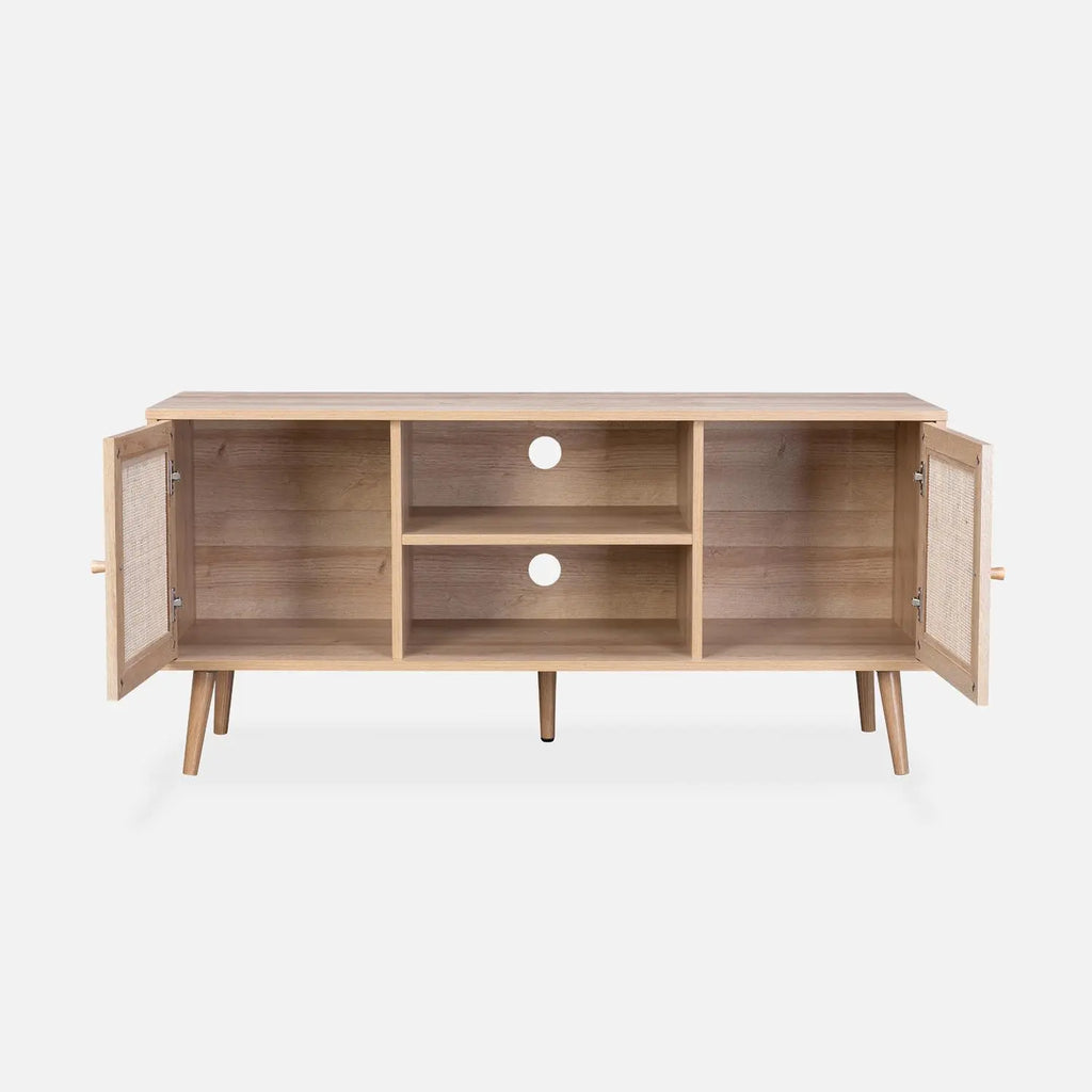 Meuble TV rotin scandinave cannage 2 portes 120 cm