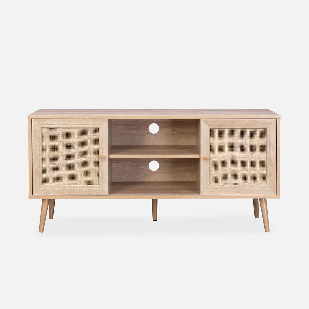 Meuble TV rotin scandinave cannage 2 portes 120 cm