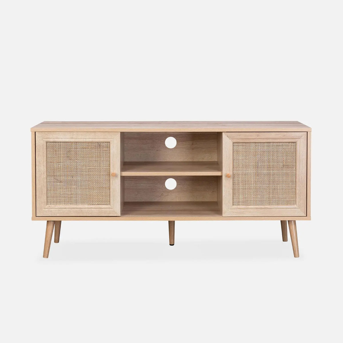 Meuble TV rotin scandinave cannage 2 portes 120 cm