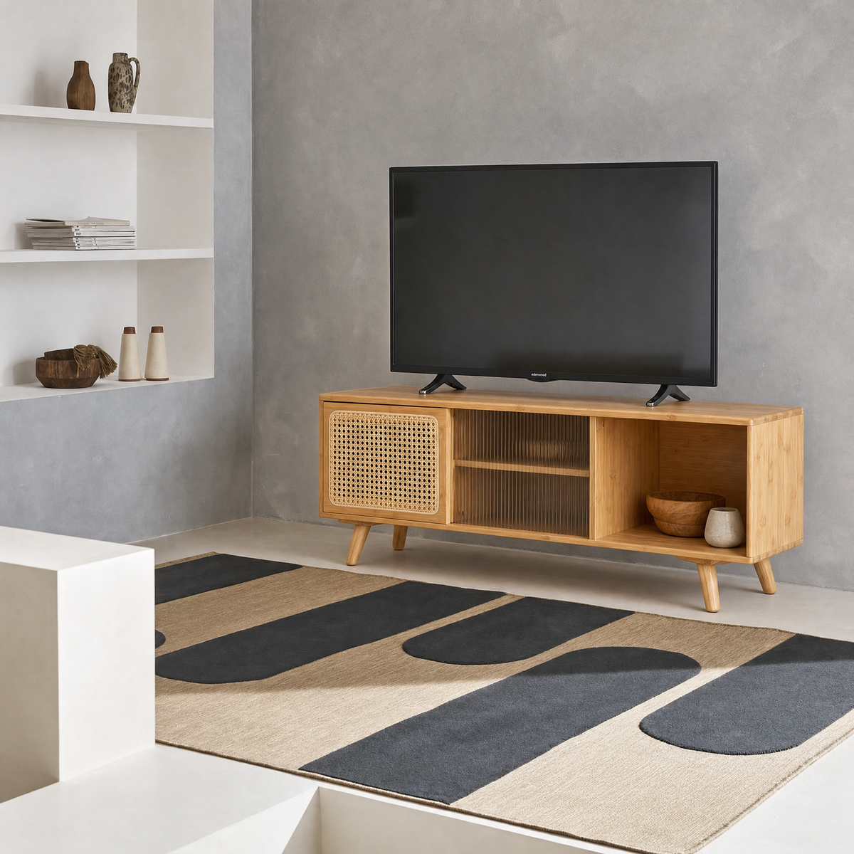 Meuble TV Cannage Rotin Japandi Scandinave 140cm